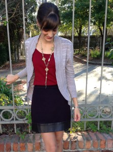 fall look of berry tones and mixture of materials