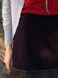 eggplant cashmere flannel skirt with faux leather band