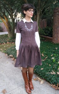 original design wool dress with pleated skirt and contrast seaming