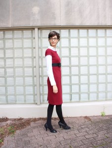 winter look with white shirt layered under short sleeve dress