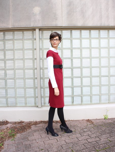 winter look with white shirt layered under short sleeve dress