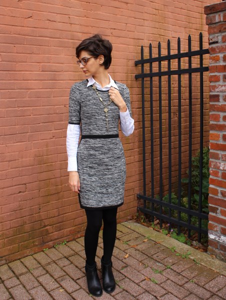 short sleeve sweater dress over white shirt