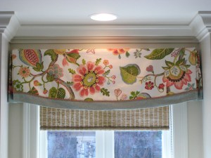 Valance design idea: floral fabric with contrast banding, decorative gimp over seam
