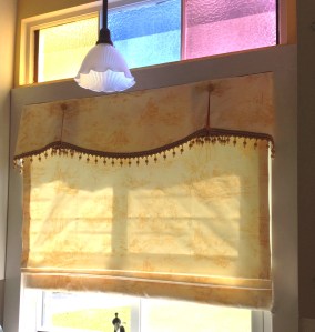 Custom Valance with contrast pleat insets and covered buttons