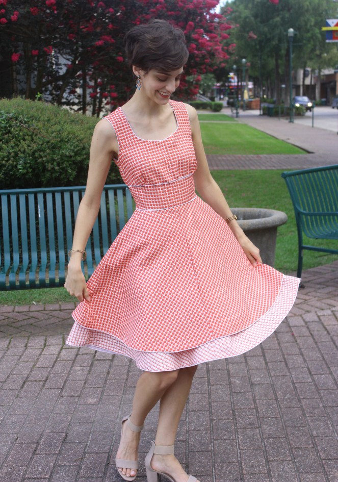 Coral and cream birthday dress. Full, twirly dobule skirt
