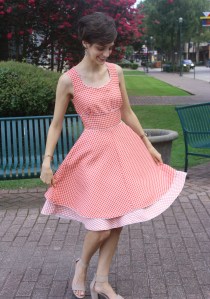 Coral and cream birthday dress. Full, twirly dobule skirt