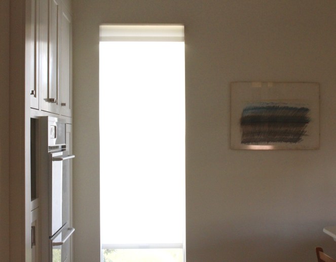 Linen look roller shade for kitchen window